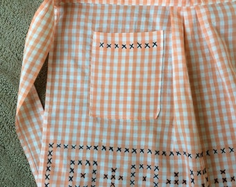 Peach and White Embroidered Gingham Apron