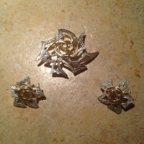 Silver and Gold Abstract Brooch and Earring Set by Sarah Coventry