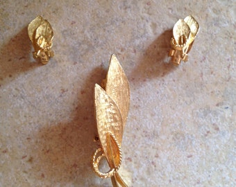 Gold Leaf Brooch and Earring Set