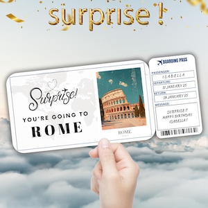 Carte d'embarquement modifiable pour le voyage à Rome, cadeau billet de voyage surprise, révélation de vacances, billet d'avion à imprimer, modèle de bon de voyage pour anniversaire