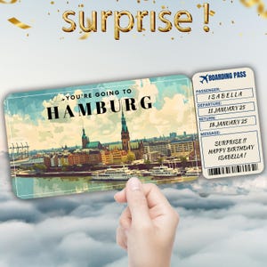 Carte d'embarquement modifiable pour Hambourg, cadeau billet de voyage surprise, révélation de vacances, billet d'avion à imprimer, modèle de bon de voyage d'anniversaire