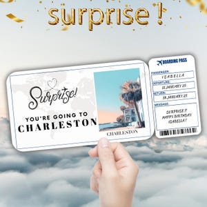 Charleston South Carolina Surprise Gift Ticket, Modelo de cartão de embarque editável, Passagem aérea para impressão, Passe de viagem surpresa de aniversário