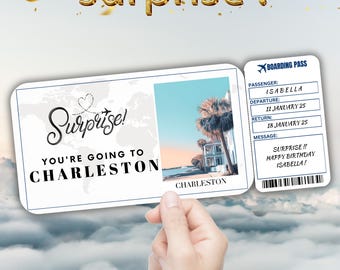 Charleston South Carolina Surprise Gift Ticket, Editable Boarding Pass Template, Printable Airline Ticket, Birthday Surprise Trip Pass