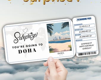 Doha bearbeitbare Reisebordkarte, Überraschungsreiseticketgeschenk, Urlaubsenthüllung, druckbares Flugticket, Geburtstagsreise-Gutscheinvorlage