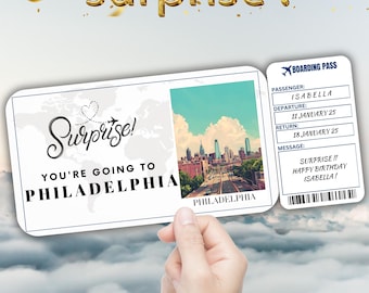 Philadelphia Editable Travel Boarding Pass, Surprise Trip Ticket Gift, Vacation Reveal, Printable Flight Ticket, Birthday Voucher Template