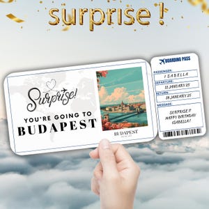 Budapest bearbeitbare Reisebordkarte, Überraschungsreiseticketgeschenk, Urlaubsenthüllung, druckbares Flugticket, Geburtstagsreisegutscheinvorlage