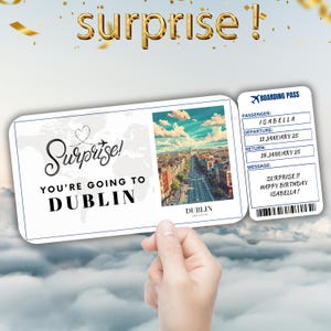 Carte d'embarquement modifiable pour le voyage Dublin, cadeau billet de voyage surprise, révélation de vacances, billet d'avion à imprimer, modèle de bon de voyage d'anniversaire