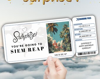 Siem Reap Editable Travel Boarding Pass, Surprise Trip Ticket Gift, Vacation Reveal, Printable Flight Ticket, Birthday Trip Voucher Template