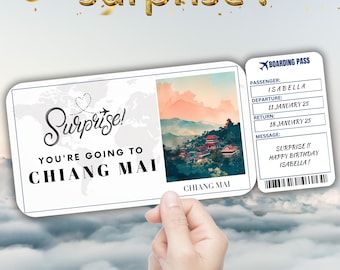 Chang Mai Editable Travel Boarding Pass, Surprise Trip Ticket Gift, Vacation Reveal, Printable Flight Ticket, Birthday Trip Voucher Template