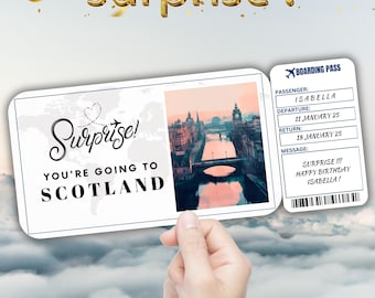 Scotland Editable Travel Boarding Pass, Surprise Trip Ticket Gift, Vacation Reveal, Printable Flight Ticket, Birthday Trip Voucher Template