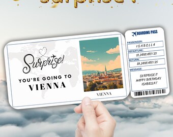 Vienna Editable Travel Boarding Pass, Surprise Trip Ticket Gift, Vacation Reveal, Printable Flight Ticket, Birthday Trip Voucher Template