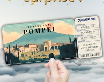 Pompei bewerkbare reisinstapkaart, verrassingsreiskaartje cadeau, vakantie onthullen, afdrukbaar vliegticket, sjabloon verjaardagsreisvoucher