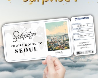Seoul bearbeitbarer Reisebordpass, Überraschungsreiseticketgeschenk, Urlaubsenthüllung, druckbares Flugticket, Geburtstagsreise-Gutscheinvorlage