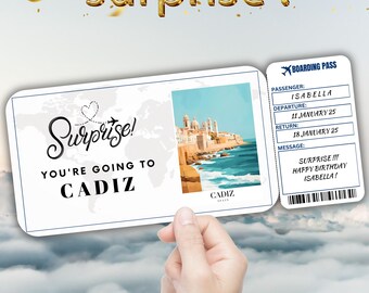 Cadiz Editable Travel Boarding Pass, Surprise Trip Ticket Gift, Vacation Reveal, Printable Flight Ticket, Birthday Trip Voucher Template