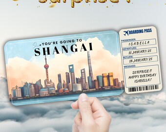 Shangai bearbeitbare Reisebordkarte, Überraschungsreiseticketgeschenk, Urlaubsenthüllung, druckbare Flugkarte, Geburtstagsreise-Gutscheinvorlage