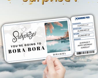 Bora Bora Editable Travel Boarding Pass, Surprise Trip Ticket Gift, Vacation Reveal, Printable Flight Ticket, Birthday Trip Voucher Template