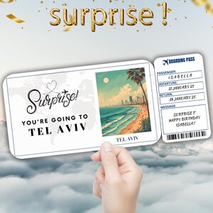 Carte d'embarquement modifiable pour Tel-Aviv, cadeau billet de voyage surprise, révélation de vacances, billet d'avion à imprimer, modèle de bon de voyage d'anniversaire