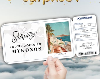 Mykonos Editable Travel Boarding Pass, Surprise Trip Ticket Gift, Vacation Reveal, Printable Flight Ticket, Birthday Trip Voucher Template
