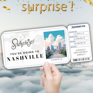 Nashville Editable Travel Boarding Pass, Surprise Trip Ticket Gift, Vacation Reveal, Printable Flight Ticket, Birthday Trip Voucher Template