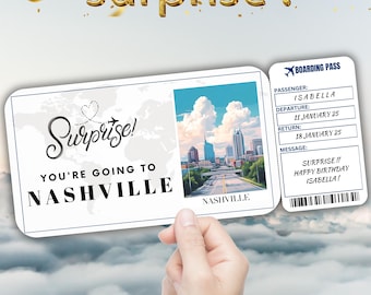 Nashville Editable Travel Boarding Pass, Surprise Trip Ticket Gift, Vacation Reveal, Printable Flight Ticket, Birthday Trip Voucher Template