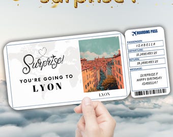 Lyon Editable Travel Boarding Pass, Surprise Trip Ticket Gift, Vacation Reveal, Printable Flight Ticket, Birthday Trip Voucher Template