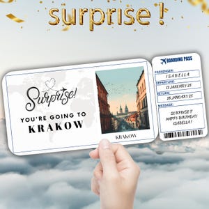 Krakow Editable Travel Boarding Pass, Surprise Trip Ticket Gift, Vacation Reveal, Printable Flight Ticket, Birthday Trip Voucher Template
