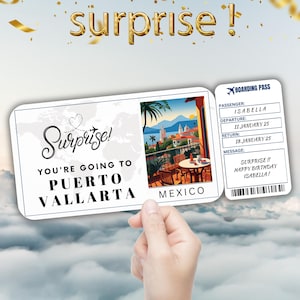 Carte d'embarquement modifiable pour le voyage Puerto Vallarta, cadeau voyage surprise, révélation de vacances, billet d'avion à imprimer, modèle de bon de voyage d'anniversaire