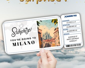 Milano Editable Travel Boarding Pass, Surprise Trip Ticket Gift, Vacation Reveal, Printable Flight Ticket, Birthday Trip Voucher Template