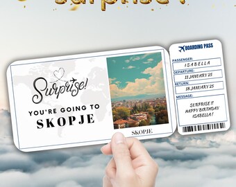 Skopje Editable Travel Boarding Pass, Surprise Trip Ticket Gift, Vacation Reveal, Printable Flight Ticket, Birthday Trip Voucher Template