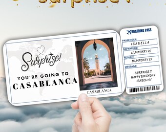 Casablanca Editable Travel Boarding Pass, Surprise Trip Ticket Gift, Vacation Reveal, Printable Flight Ticket, Birthday Voucher Template