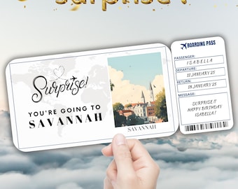 Savannah Editable Travel Boarding Pass, Surprise Trip Ticket Gift, Vacation Reveal, Printable Flight Ticket, Birthday Trip Voucher Template
