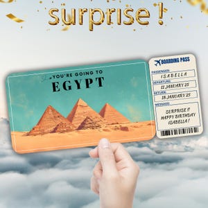 Carte d'embarquement modifiable Pyramides, cadeau billet de voyage surprise, révélation de vacances, billet d'avion à imprimer, modèle de bon de voyage d'anniversaire