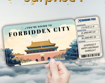 Verbotene Stadt bearbeitbare Reisebordkarte, Überraschungsreiseticketgeschenk, Urlaubsoffenbarung, druckbares Flugticket, Geburtstagsgutscheinvorlage