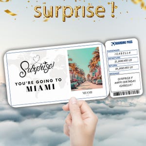 Carte d'embarquement modifiable Miami, cadeau billet de voyage surprise, révélation de vacances, billet d'avion à imprimer, modèle de bon de voyage d'anniversaire