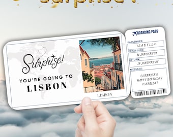 Lisbon Editable Travel Boarding Pass, Surprise Trip Ticket Gift, Vacation Reveal, Printable Flight Ticket, Birthday Trip Voucher Template