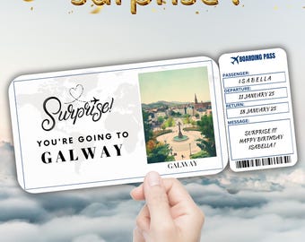 Galway Editable Travel Boarding Pass, Surprise Trip Ticket Gift, Vacation Reveal, Printable Flight Ticket, Birthday Trip Voucher Template