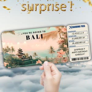 Carte d'embarquement modifiable pour Bali, cadeau billet de voyage surprise, révélation de vacances, billet d'avion à imprimer, modèle de bon de voyage d'anniversaire
