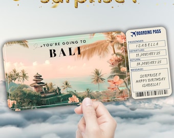 Bali bearbeitbare Reisebordkarte, Überraschungsreiseticketgeschenk, Urlaubsenthüllung, druckbare Flugkarte, Geburtstagsreise-Gutscheinvorlage