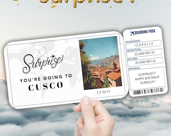 Cusco Peru Editable Travel Boarding Pass, Surprise Trip Ticket Gift, Vacation Reveal, Printable Flight Ticket, Birthday Voucher Template