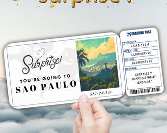 Sao Paulo Editable Travel Boarding Pass, Surprise Trip Ticket Gift, Vacation Reveal, Printable Flight Ticket, Birthday Trip Voucher Template