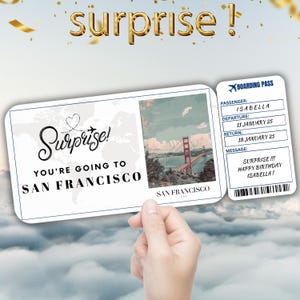 San Francisco bearbeitbare Reisebordkarte, Überraschungsreiseticketgeschenk, Urlaubsoffenbarung, druckbares Flugticket, Geburtstagsgutscheinvorlage