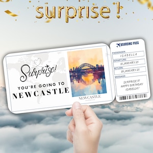 Newcastle Editable Travel Boarding Pass, Surprise Trip Ticket Gift, Vacation Reveal, Printable Flight Ticket, Birthday Trip Voucher Template