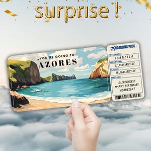 Carte d'embarquement modifiable pour les Açores, cadeau billet de voyage surprise, révélation de vacances, billet d'avion à imprimer, modèle de bon de voyage d'anniversaire