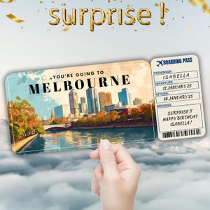 Carte d'embarquement modifiable pour Melbourne, cadeau de billet de voyage surprise, révélation de vacances, billet d'avion à imprimer, modèle de bon de voyage d'anniversaire