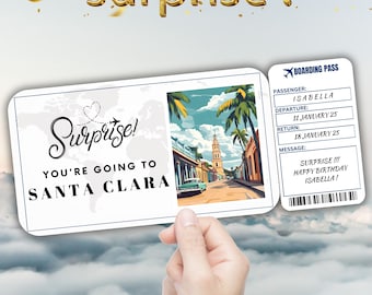 Santa Clara Editable Travel Boarding Pass, Surprise Trip Ticket Gift, Vacation Reveal, Printable Flight Ticket, Birthday Voucher Template