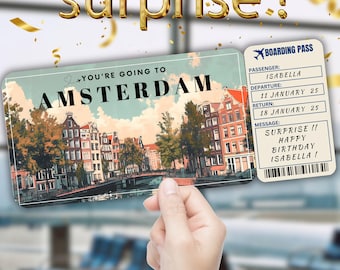 Amsterdam Editable Travel Boarding Pass, Surprise Trip Ticket Gift, Vacation Reveal, Printable Flight Ticket, Birthday Trip Voucher Template