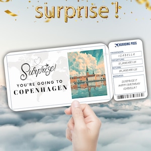 Copenhagen Editable Travel Boarding Pass, Surprise Trip Ticket Gift, Vacation Reveal, Printable Flight Ticket, Birthday Voucher Template