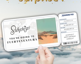Fuerteventura Editable Travel Boarding Pass, Surprise Trip Ticket Gift, Vacation Reveal, Printable Flight Ticket, Birthday Voucher Template