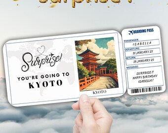 Kyoto Editable Travel Boarding Pass, Surprise Trip Ticket Gift, Vacation Reveal, Printable Flight Ticket, Birthday Trip Voucher Template