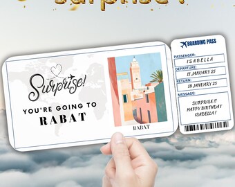 Rabat Editable Travel Boarding Pass, Surprise Trip Ticket Gift, Vacation Reveal, Printable Flight Ticket, Birthday Trip Voucher Template